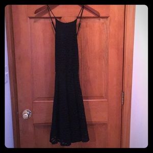 High neck black lace straps back dress
